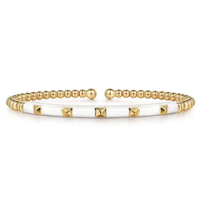 White Enamel Pyramid Split Yellow Gold Flex Bangle