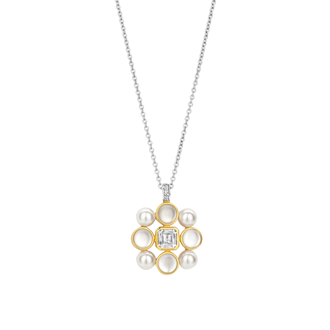 Sterling Silver Gold-plate Pearl and Zirconia Pendant Necklace l TI SENTO