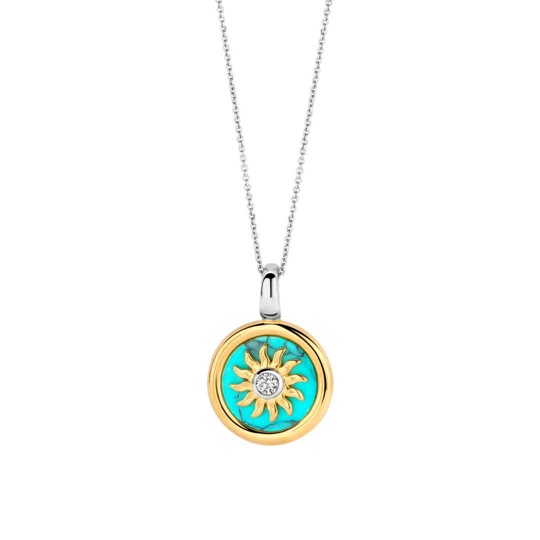 Turquoise and Zirconia Gold-plate Sunburst Medallion Pendant Necklace l TI SENTO