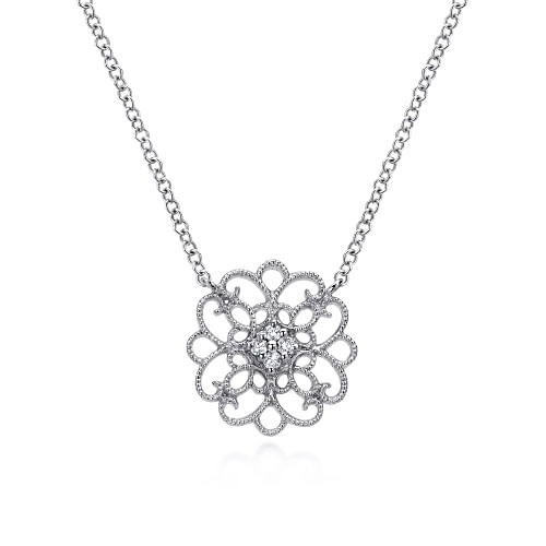 Sterling Silver Round Filigree White Sapphire Pendant Necklace l 18 inches