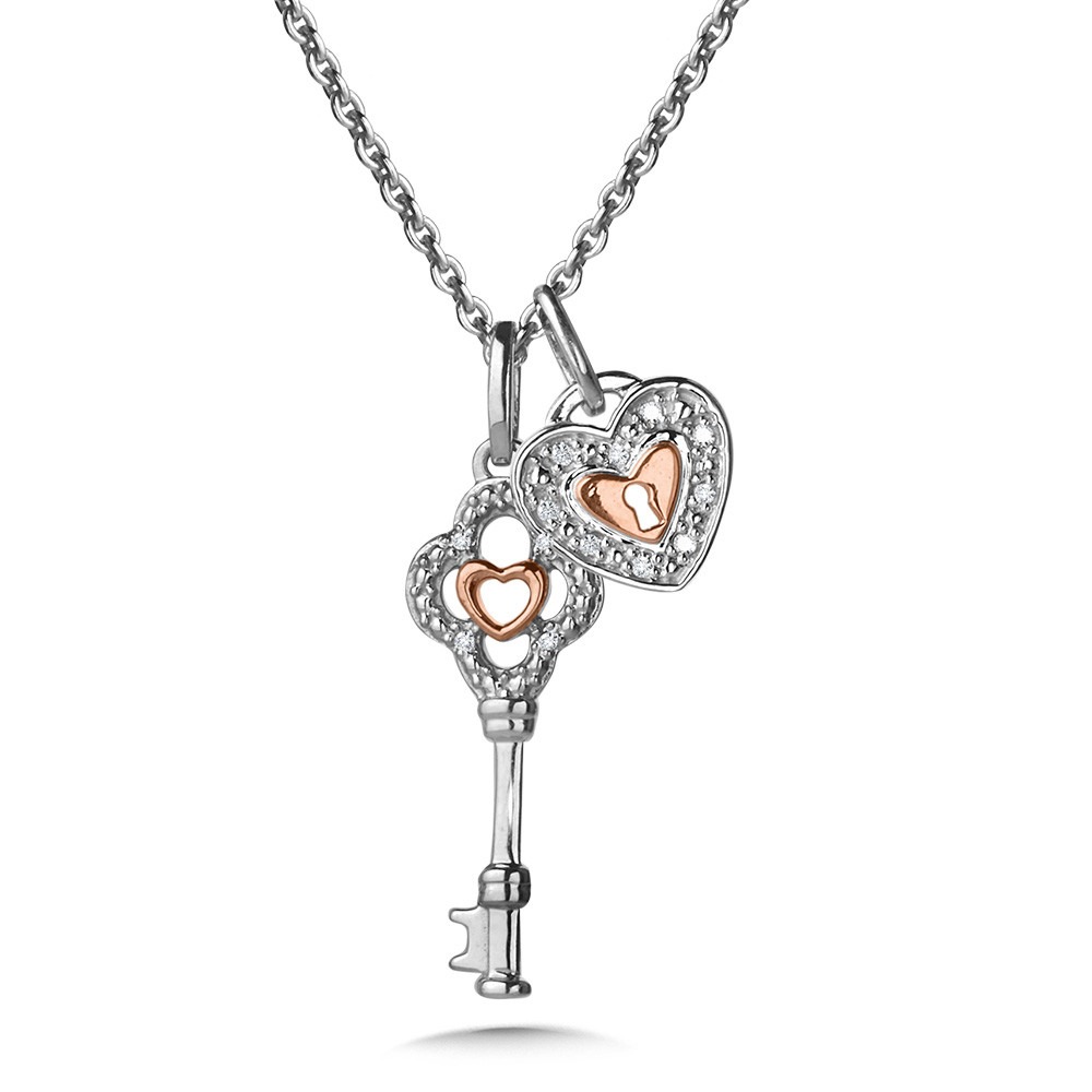 1/20ctw Diamond Lock and Heart Sterling Silver and Gold-plate Pendant Necklace