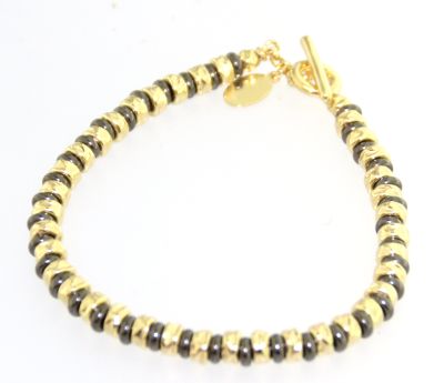 M7.5" Silver Black and Gold-plate flat tube bead bracelet by Evanueva