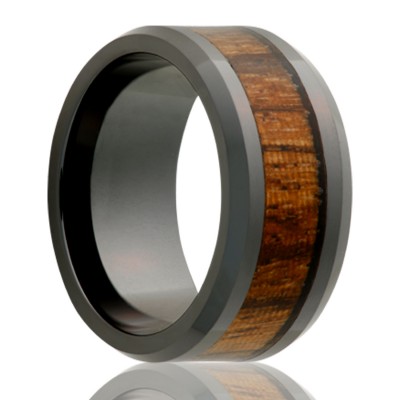 Black Ceramic with Zebra Wood Inlay Comfort Fit Wedding Band 8mm